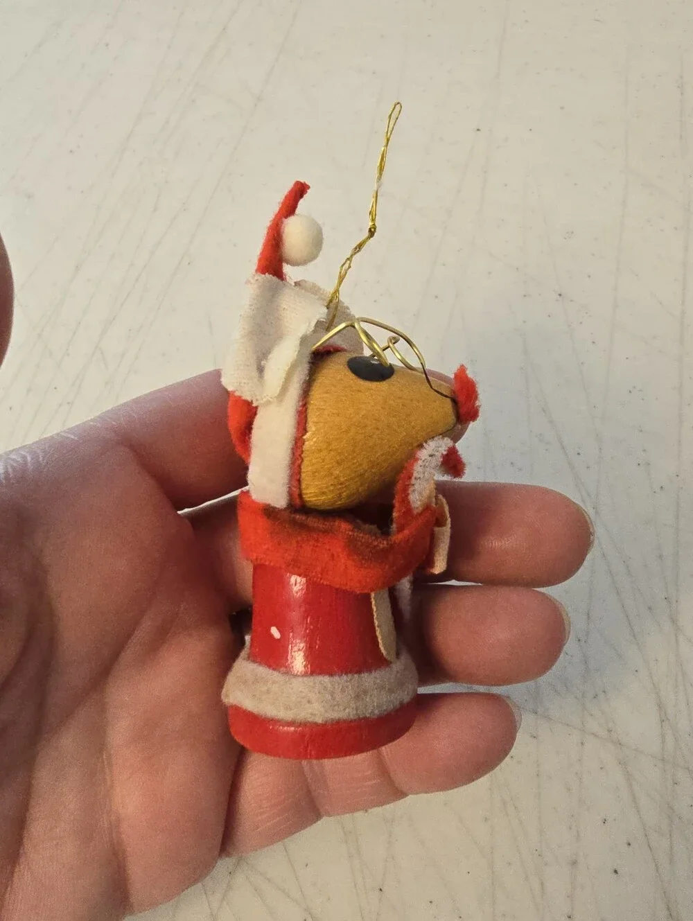 Vintage Wooden Felt Mrs. Clause Mouse Christmas Ornament STAINS SEE PHOTOS